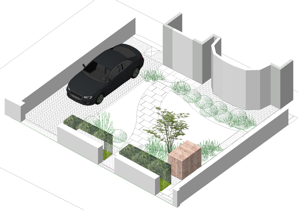 Alternative 3D sketch for a front garden in Acton
